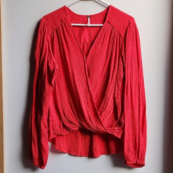 Free People Bright Red/Orange V-Neck Crossover Blouse Size Medium - Picture 6 of 16